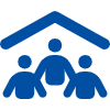 Blue icon of three figures under a roof symbolizing community care or shelter.