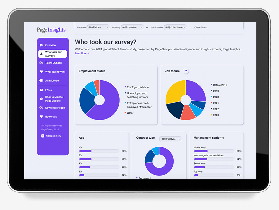 Tablet screen showing survey results with charts and graphs.