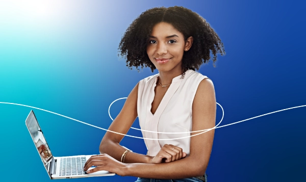 A lady in an office attire smiling with a blue gradient background.