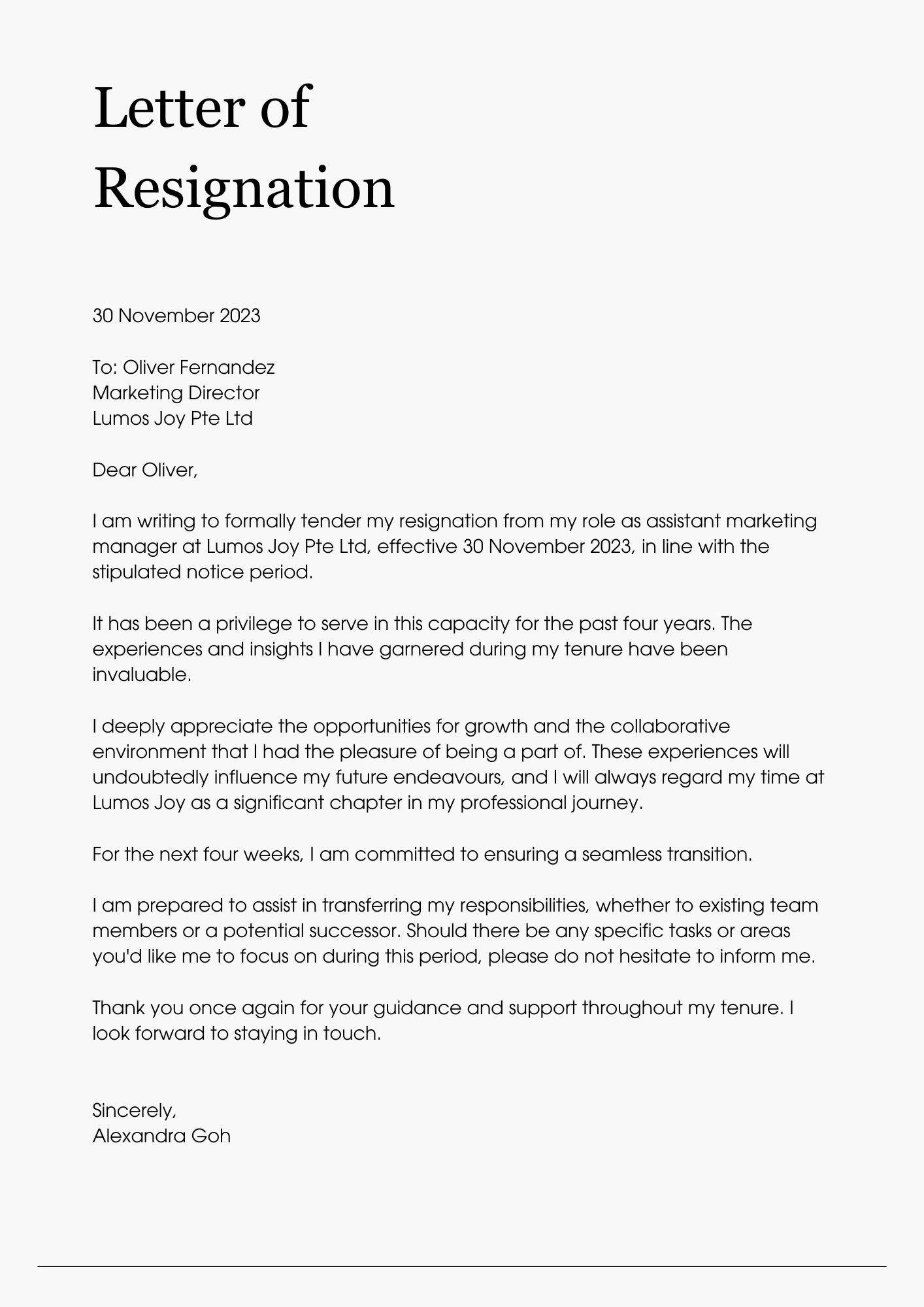 Here is an example of what a resignation letter would look like.
