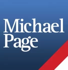 Logo of a recruitment company with blue background and red stripe