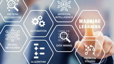 Person interacting with digital interface displaying AI and machine learning concepts.
