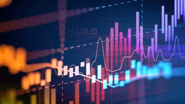 Colorful financial graph with abstract data lines and bar charts.