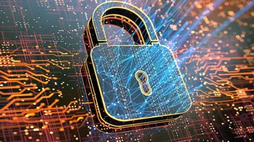 A digital lock with circuits, symbolizing cybersecurity and data protection in a technological network.