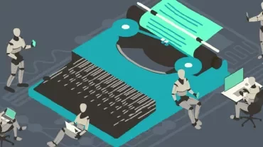 Illustration of robots interacting with a large typewriter and computers.