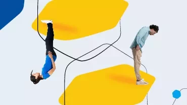 Person standing on yellow abstract shape looking down at another figure upside-down.