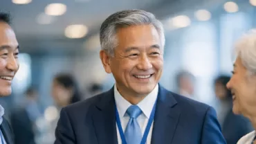 Three smiling business people engaged in a friendly conversation together.