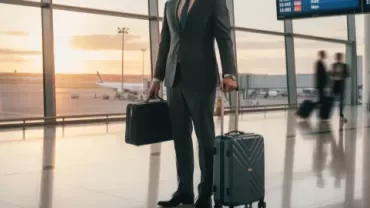 A professional in a suit at an airport, representing the essence of cross-border hiring and global recruitment.