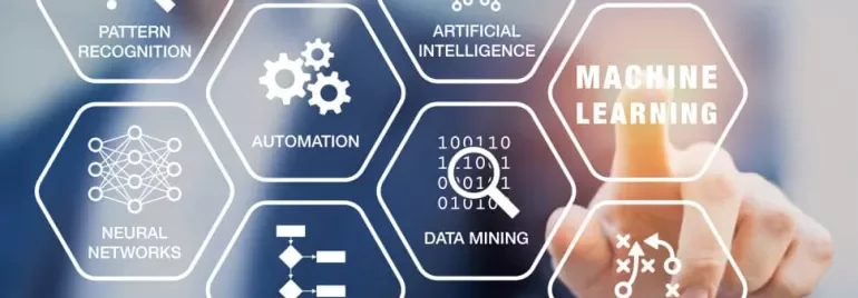 Person interacting with digital interface displaying AI and machine learning concepts.