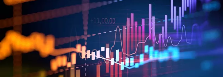 Colorful financial graph with abstract data lines and bar charts.