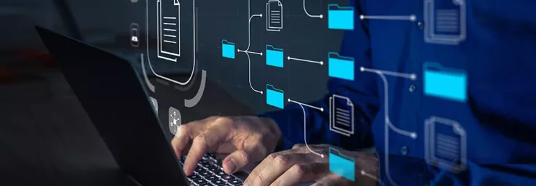 Person using a laptop with digital file icons and connections overlayed.