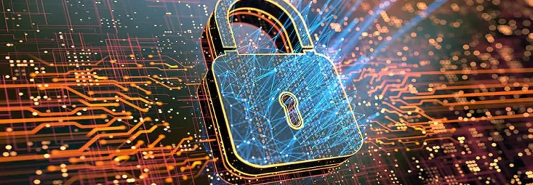 A digital lock with circuits, symbolizing cybersecurity and data protection in a technological network.