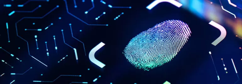Digital fingerprint on a glowing circuit board.
