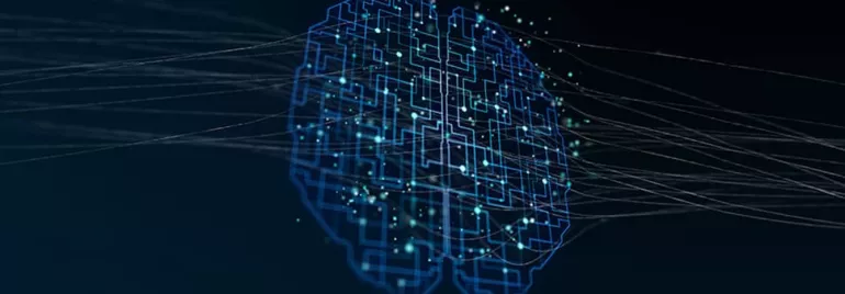 Digital illustration of a brain with circuitry and glowing lines.