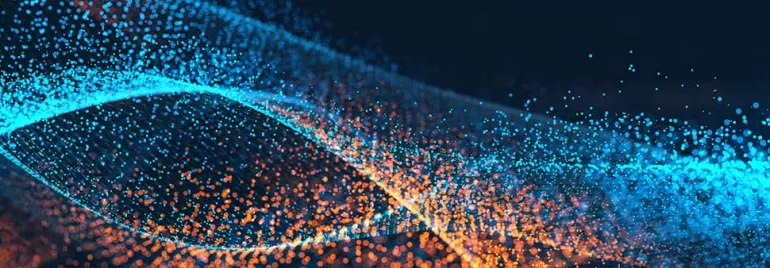 Abstract visualization of flowing blue and orange particles.