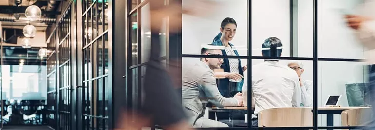 Office team having a meeting in a glass-walled room.