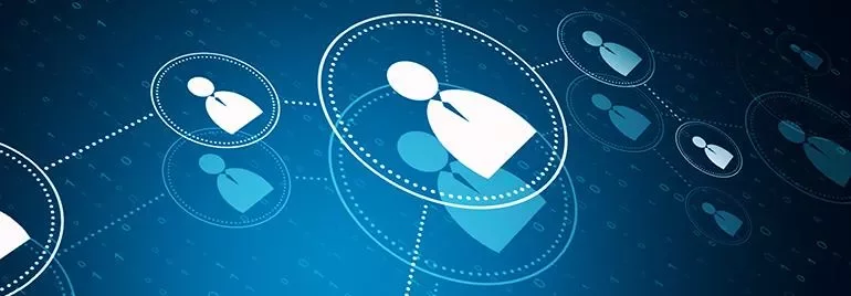 Network of outlined user icons connected in a digital space.