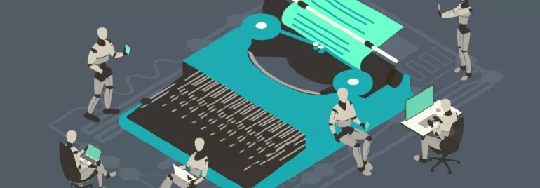 Illustration of robots interacting with a large typewriter and computers.