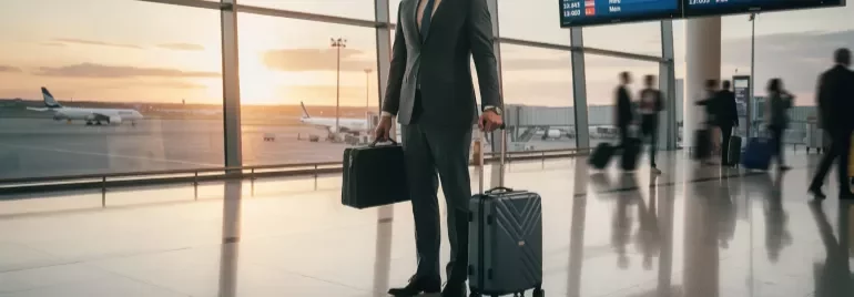 A professional in a suit at an airport, representing the essence of cross-border hiring and global recruitment.