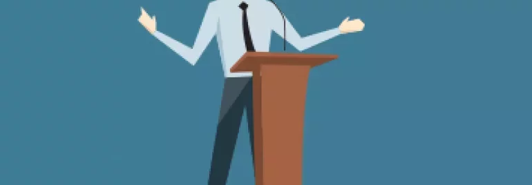 Illustration of a person speaking at a podium.
