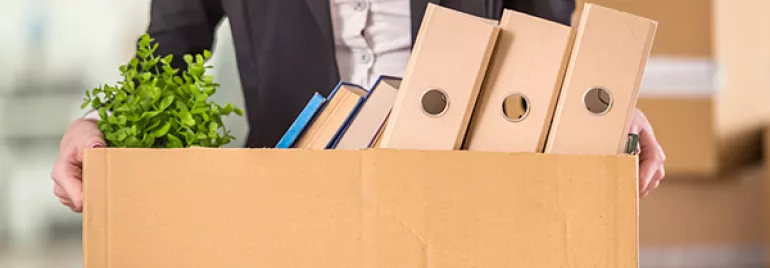 Person holding a cardboard box with files and a plant.
