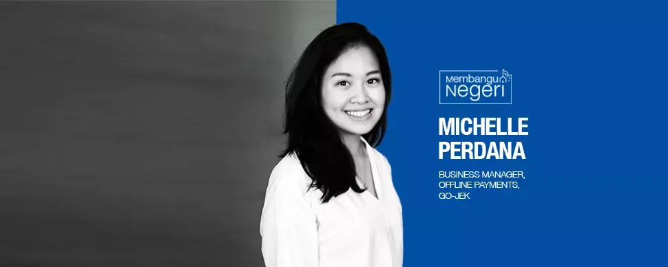 Person smiling with a blue and gray background, text reads: 'Michelle Perdana, Business Manager, Offline Payments, GO-JEK'.