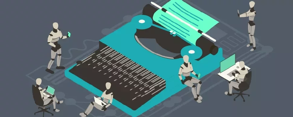 Illustration of robots interacting with a large typewriter and computers.