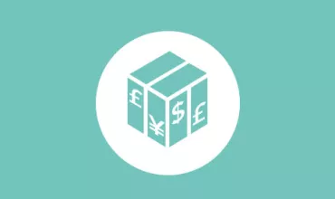 Icon of a package with currency symbols on a turquoise background.