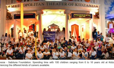 Large group of people gathered outside the Kidzania Metropolitan Theater.