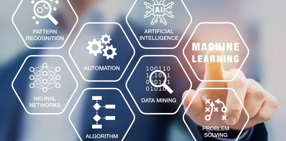 Person interacting with digital interface displaying AI and machine learning concepts.
