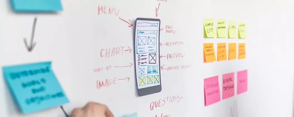 Whiteboard with sketches of a mobile app layout and colorful sticky notes.