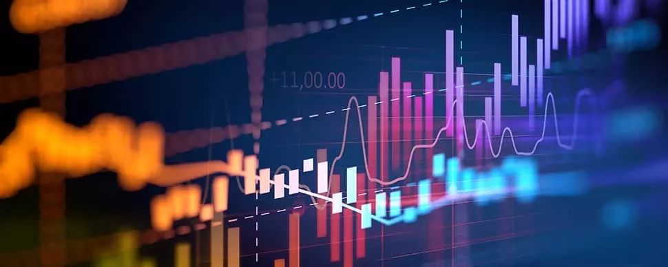 Colorful financial graph with abstract data lines and bar charts.