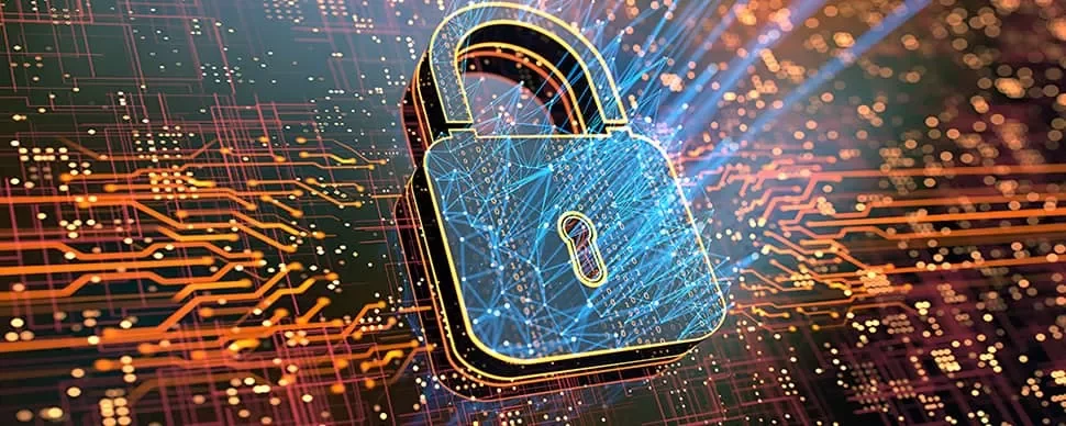 A digital lock with circuits, symbolizing cybersecurity and data protection in a technological network.