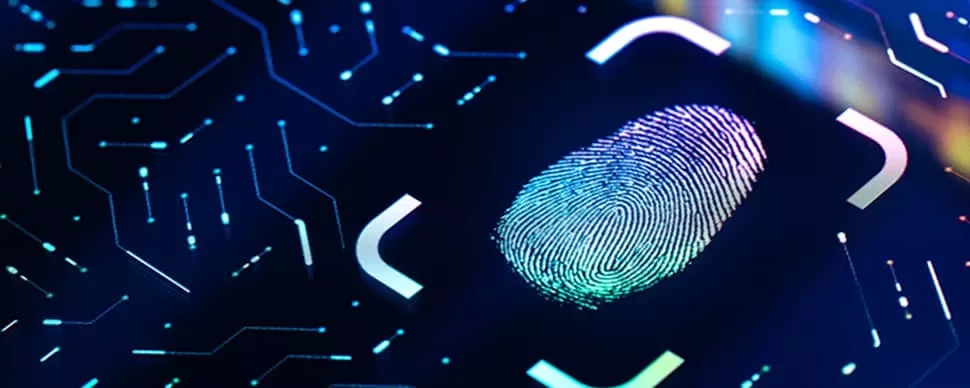 Digital fingerprint on a glowing circuit board.
