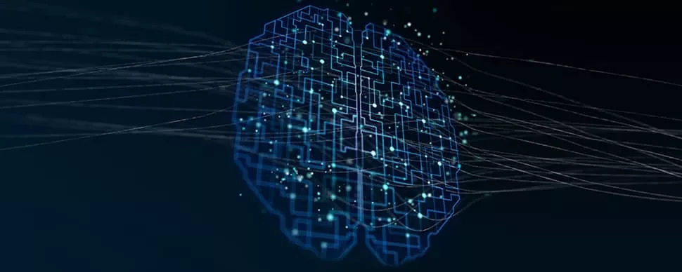 Digital illustration of a brain with circuitry and glowing lines.