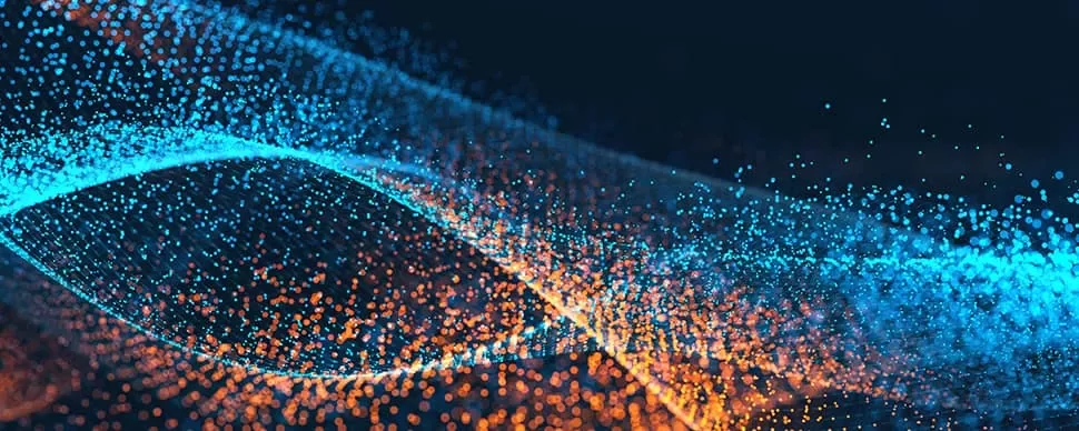 Abstract visualization of flowing blue and orange particles.
