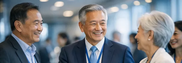 Three smiling business people engaged in a friendly conversation together.