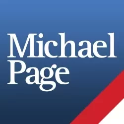 Logo of a recruitment company with blue background and red stripe