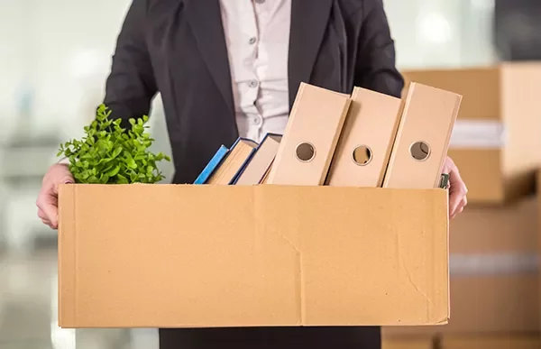 Person holding a cardboard box with files and a plant.